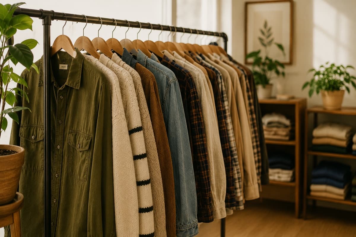 Gently worn jackets and sweaters hanging on a rack at Common Union Thrift